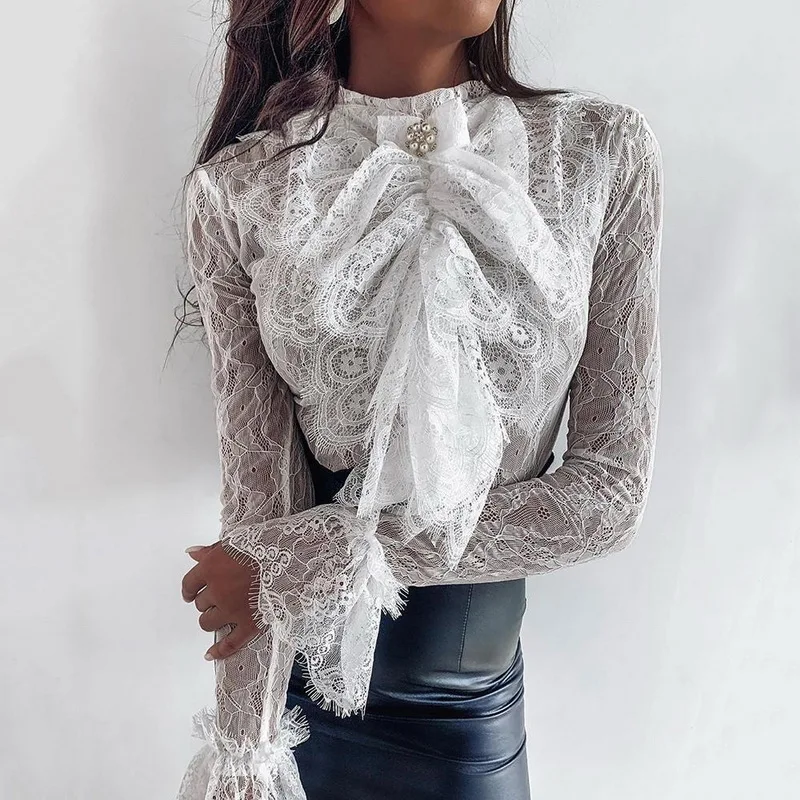 

2019 Women Sexy Lace Blouse Casual Embroidery Shirt White Office Lady Shirts Tops Beaded Bow Tie Bell Cuff Lace Blusas Mujer