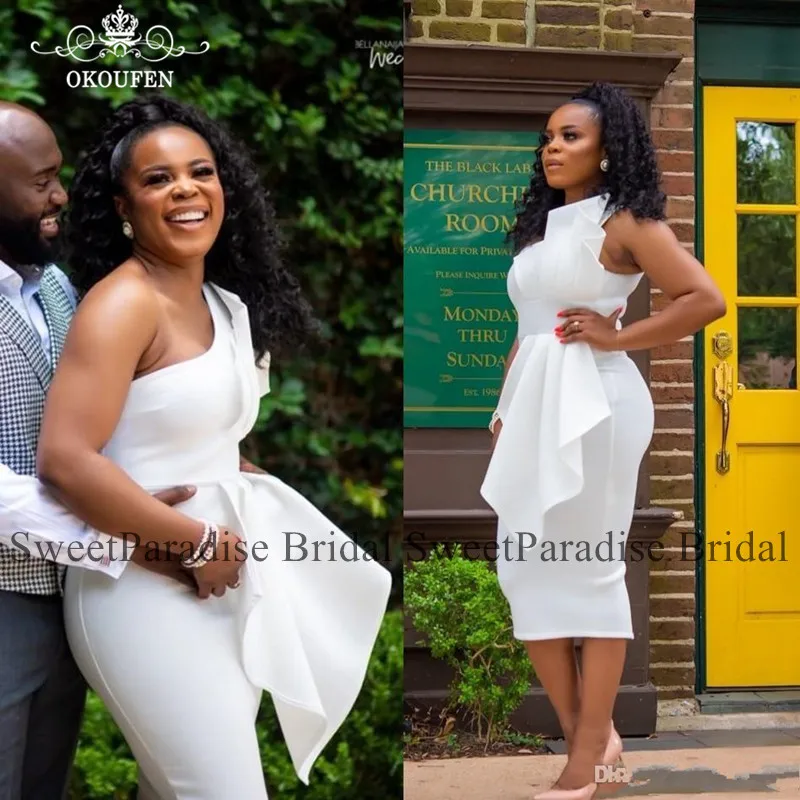 

White Tea Length Evening Dress Formal One Shoulder African Black Women Sheath Prom Dresses Robe De Soiree