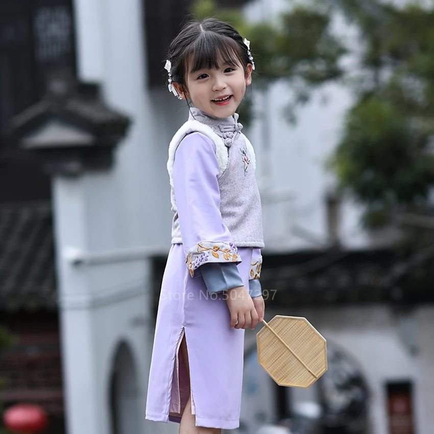 Костюм в древнем китайском стиле; традиционный костюм ханфу; платье для маленьких девочек; сценический костюм; теплый жилет с цветочной вышивкой; Cheongsam