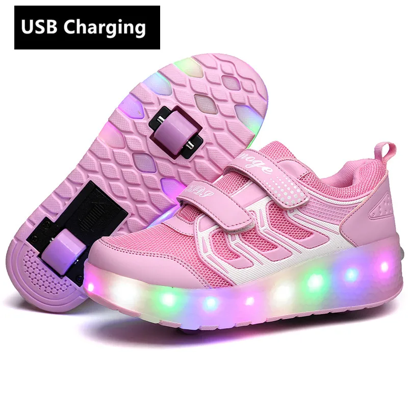 Новинка; модная обувь для девочек и мальчиков с зарядкой через usb; Светодиодный светильник; обувь для катания на роликах для детей; Детские кроссовки с колесами; два колеса - Цвет: Pink WS01