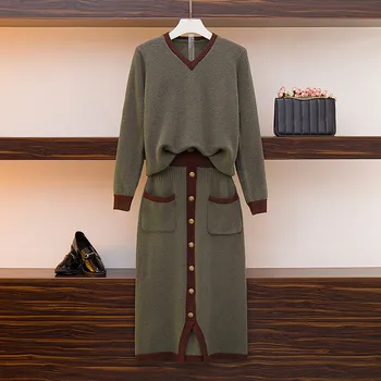 

Ladies Autumn Knitted Sweater 2 Piece Set Runway Women V-Neck Long Sleeve Pullover Tops + Split Skirt Two Piece Set Knit Suits