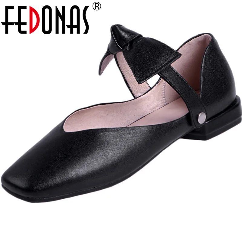

FEDONAS Women Vintage Round Toe Pumps Butterfly Knot Genuine Leather Shoes Spring Summer Prom Basic Square Heeled Shoes Woman