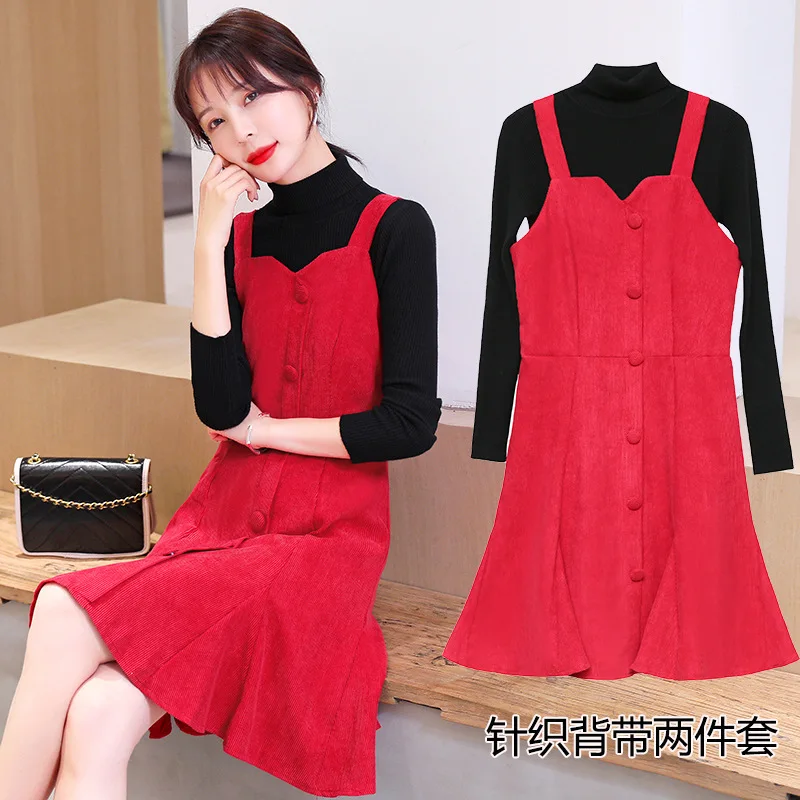 

Maternity Dress Autumn And Winter Pot-Bellied Skirt Mid-length Fashion Mom Nursing Thick Sweater Corduroy Strapped Dress Nursing