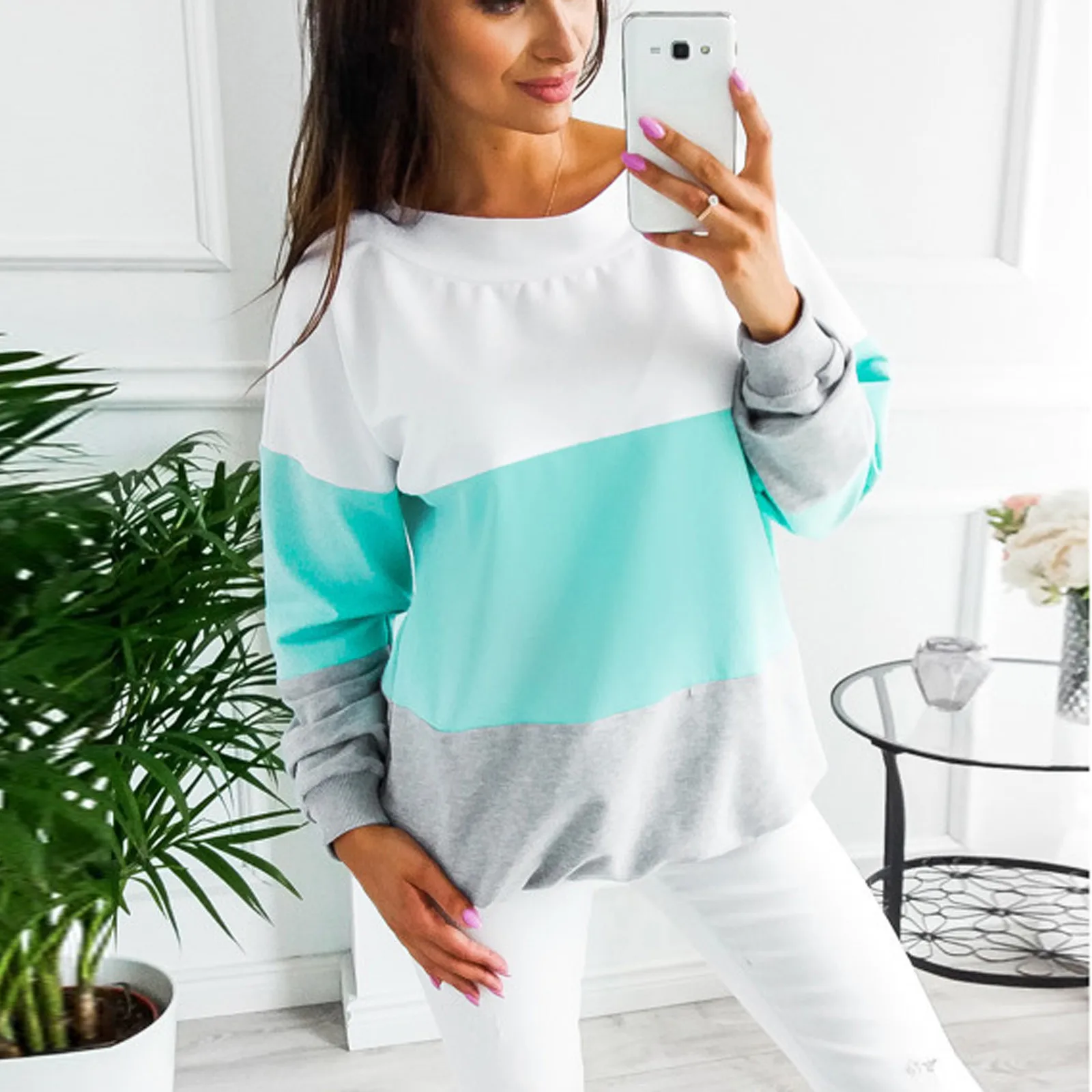 Suéteres de manga larga para mujer, suéter informal con cuello redondo y costuras, temporada Invierno, 4 #