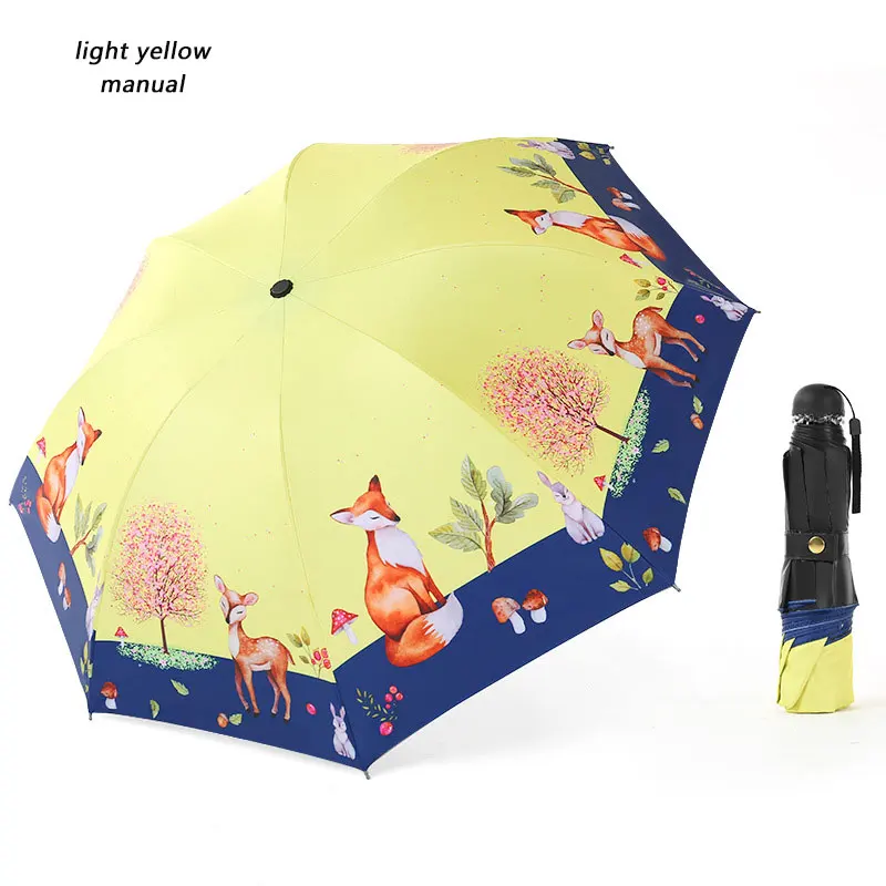 1pc yellow manual Полностью Автоматический детский зонт с анимационным принтом Kawaii животное Лиса и олень три складной Защита от солнца портативный зонтик для детей - Цвет: 1pc yellow manual