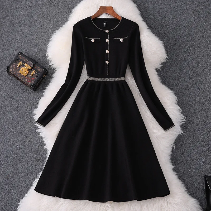 Модное дизайнерское осенне-зимнее платье для подиума, женское платье с длинными рукавами и пуговицами, однотонное Повседневное трикотажное платье-свитер из Алина, повседневные платья - Цвет: Черный