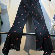 Осенние черные джинсы для женщин, новые джинсы с вышивкой Love, с высокой талией, тонкие джинсы-клеш с 9 точками, джинсовые штаны, брюки Femme