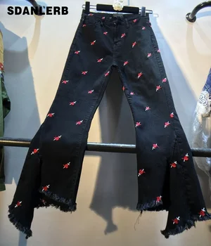 

2019 Autumn Black Jeans for Woman New Love Embroidered High Waist Slim Nine Points Ripped Flare Jeans Denim Pants Trousers Femme
