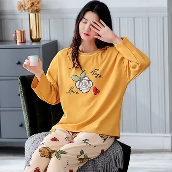 

2020 Autumn Long Sleeve Long Pants Cartoon Printed Women Cotton Pajama Set Pijamas Sleepwear Pyjamas Nightwear Home Clothes