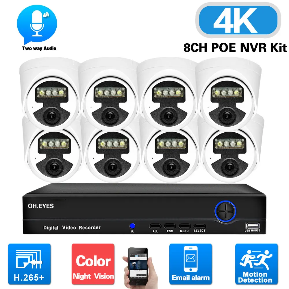 

H.265 8MP POE Surveillance Camera System Set 4K 8 Channel NVR Kit Two Way Audio IP CCTV Camera Security System Kit Dome 8CH P2P