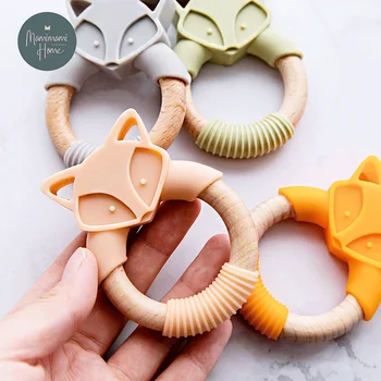 

5pc Fox Wooden Rings Baby Silicone Teether Shape Teething Rodents Beech Wood Toys Teething Rattles Play Gym Montessori Strollers