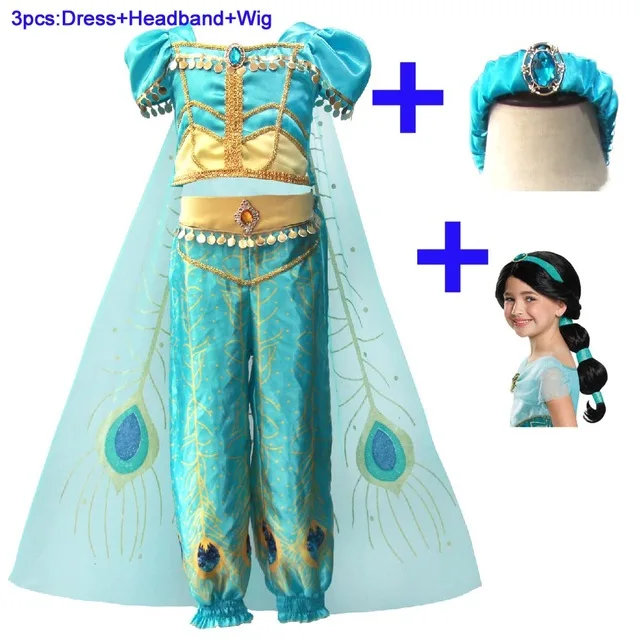 Aladdin Lamp Princess Jasmine Cosplay Costume Girls Halloween Fantasia Arab Princess Fancy Dress Up Outfit Girls Jasmine Costume - Цвет: dress Wig Headband