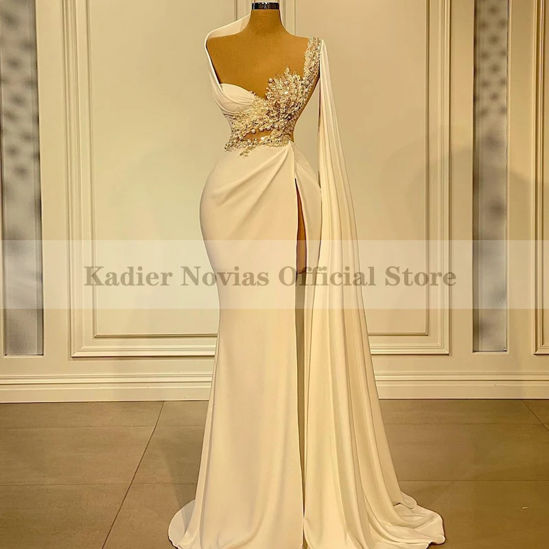 

KADIER NOVIAS Long Mermaid Ivory Women's Wedding Dresses 2022 with Slit Bridal Gown Pearls Beads Robe De Mariee