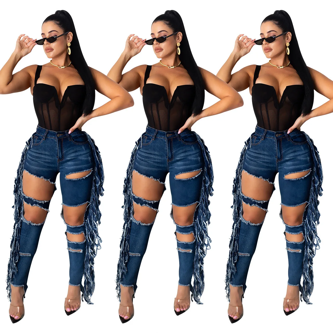 

Ripped Jeans for Women Hole High Waist Cut Out Hole Tassel Splicing Side Jeans Trousers Streetwear Flare 2020 Denim Skinny Pants