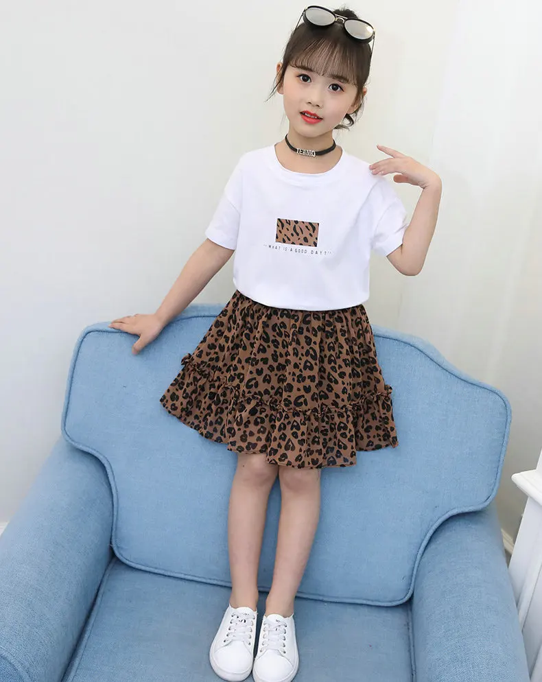 Одежда для девочек детская одежда летний комплект одежды для малышей Детская футболка+ леопардовая юбка для детей от 3 до 13 лет - Цвет: Shown as picture