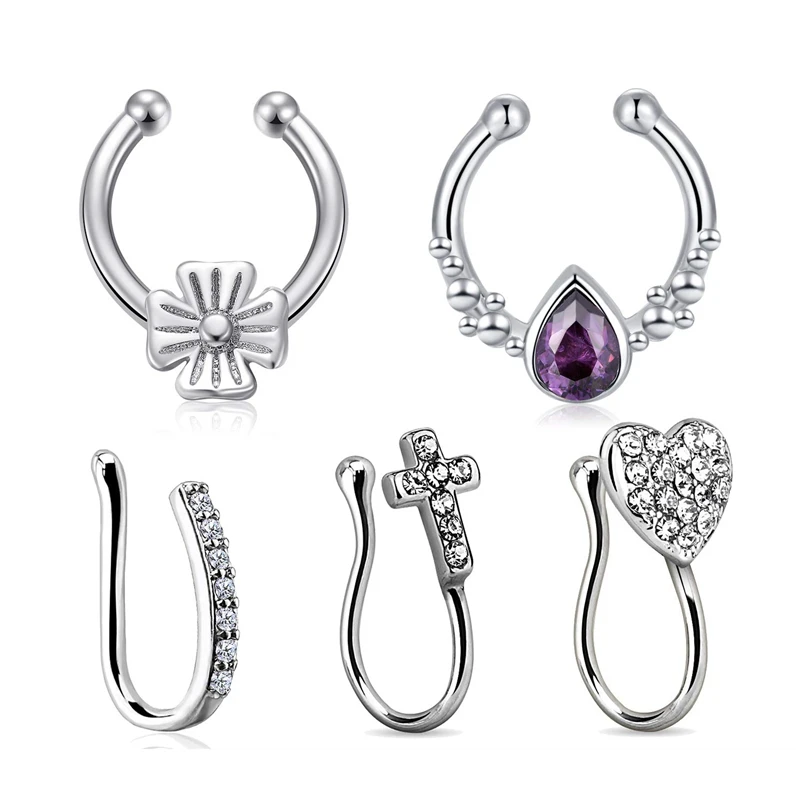 JFORYOU5Pcs кольцо в нос имитация кольца из нержавеющей стали для женщин девочек искусственная поддельная уха носовая перегородка кольцо не-серьга-Имитация на нос ухо кольцо - Окраска металла: Золотой цвет