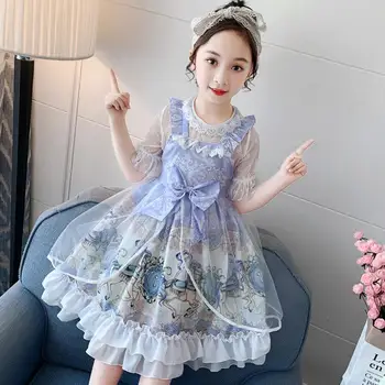 

2PCS 2020 New children Lolita Princess Dress Bow Print Mesh Stitching Sweet Cute Dress for girls Kids Halloween Costume Y3182