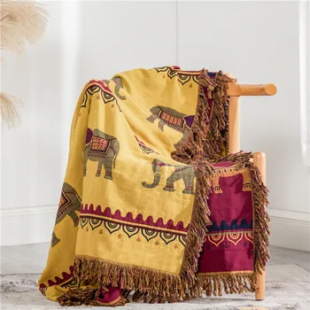 

Bohemia Nation Style Sofa Blanket Elephant Pattern Cotton Tassel Bamboo Fiber Gauze Throw Blanket Sofa Bed Cover Home Decor