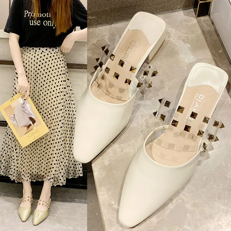 

2019 new Korean version of the square head low-heeled wear lazy baotou slippers women