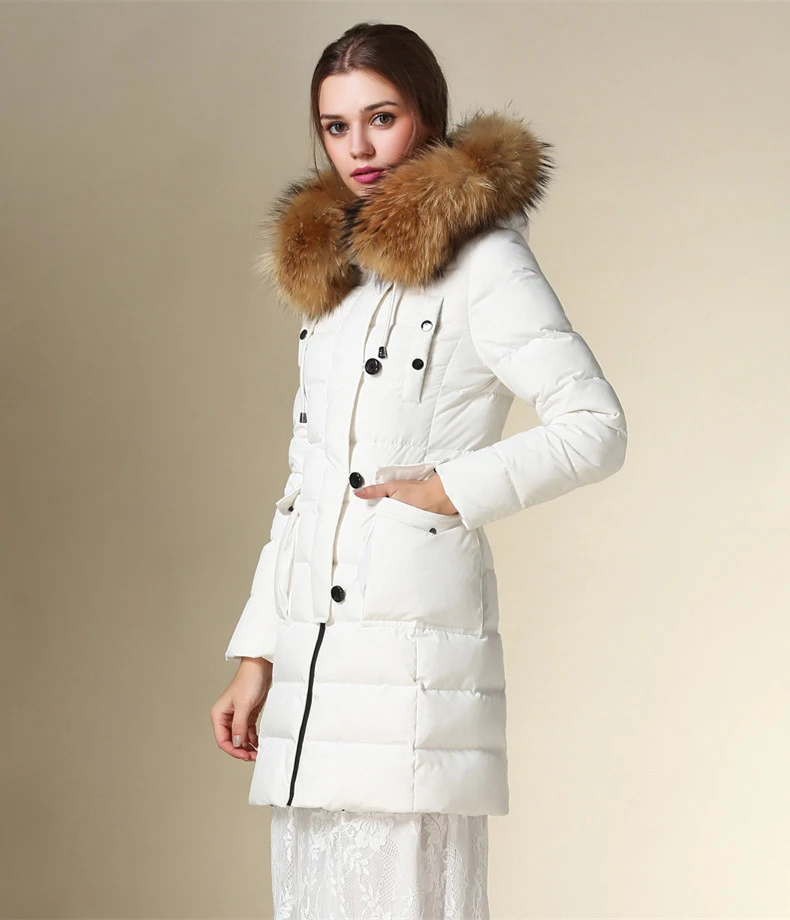 Большие парки с натуральным мехом, Зимняя мода, хорошее качество, теплое пуховое пальто для женщин, большой натуральный мех, с капюшоном, теплые пуховики F526