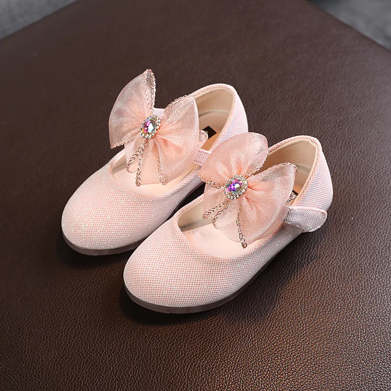 

Little Girls Bowtie Leather Shoes Spring New Children Rhinestones Princess Flat Shoes Kids Student Soft Bottom Casual Shoes G262