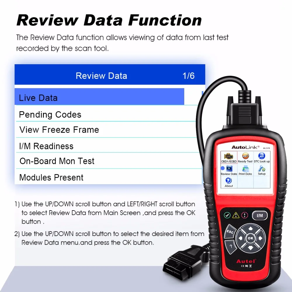 Autel AutoLink AL519 Full OBD2 Scanner All 10 modes OBDII/EOBD Car Diagnostic Tool One-Click I/M Readiness Key PK CR3001 & KW310 3