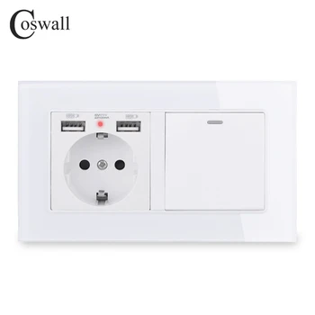 

COSWALL EU Russia Spain Wall Socket With 2 USB Charge Port + 1 Gang 1 Way On / Off Rocker Light Switch Glass Panel Black White