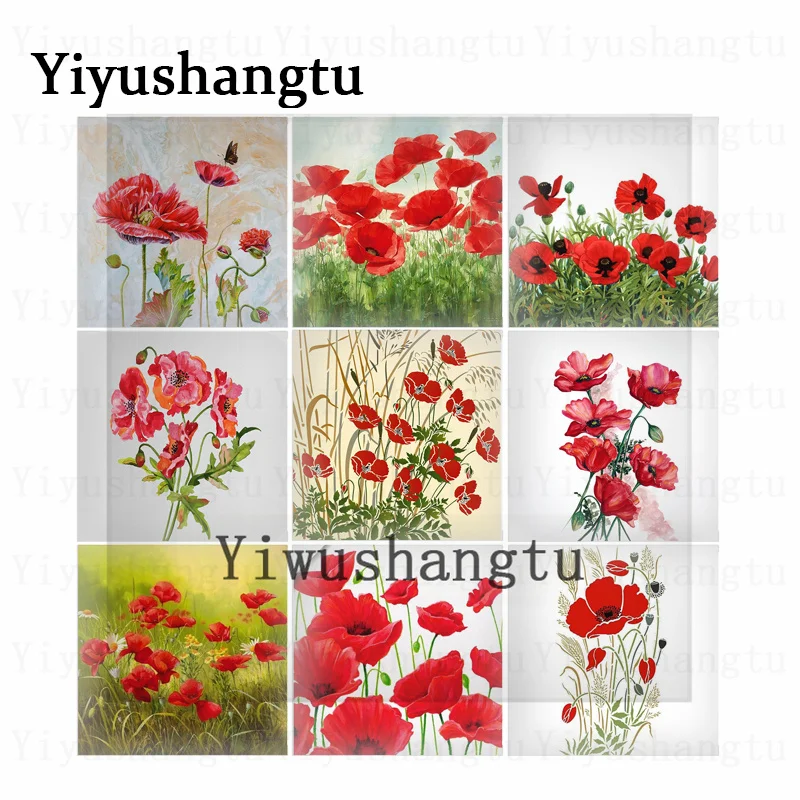 

Beautiful poppy red flowers oil painting 12mm/20mm/25mm/30mm Square photo glass cabochon demo flat back Making findings