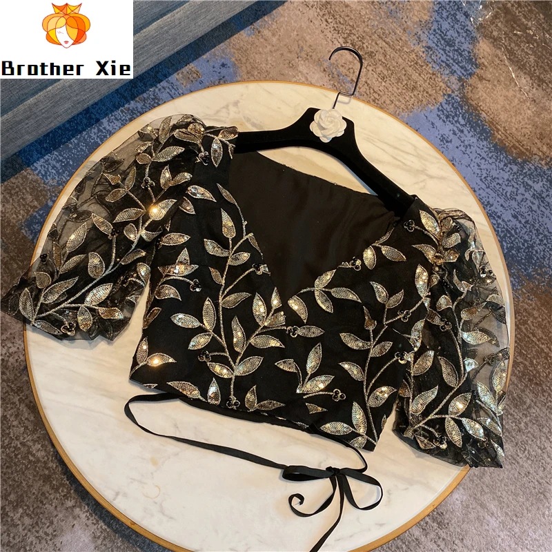 

Cropped Blouse Woman 2020 Spring Summer Retro Sequin Embroidery Puff Sleeve Short Gauze Tops Ladies Tops Blusa Feminina