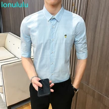 2020 spring new light luxury mature young men's slim middle sleeve casual shirt fashion embroidery Plaid five sleeve shirt