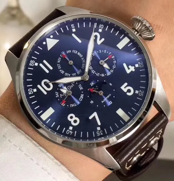 

Luxury Brand New Men Automatic Mechanical Navy Stainless Steel Sapphire Silver Black Leather Daydate Moon Phase Blue Watch AAA+