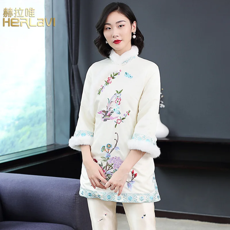 

2018 Autumn And Winter New Style Embroidered Chinese Costume Coat A- line Improved Cheongsam Cotton-padded Clothes Chinese-style