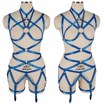 

Punk Goth Harness Lingerie Set Top Cage Leg Garter Belt Blue Elastic Plus Size Women Hollow Out Festival Club Wear Harness Bra