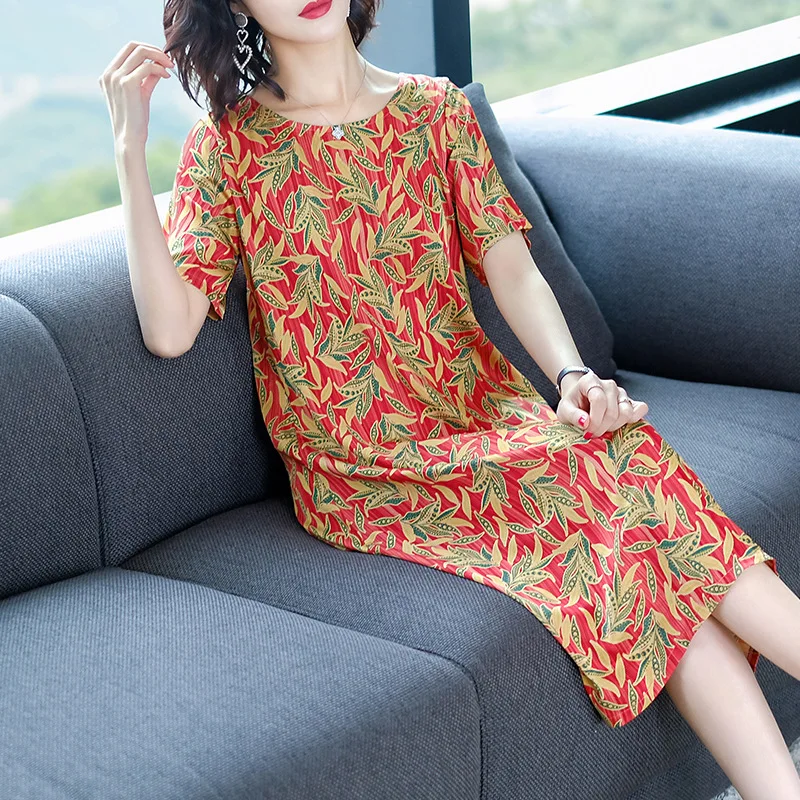 

Cover Meat A- line Skirt 2019 Summer Wear Short Sleeve New Style Lady Silk Printed Large Size WOMEN'S Dress