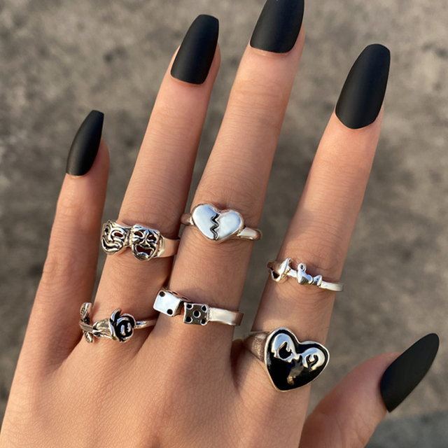 Silver Color Skull Heart Rings Set For Women Men Gothic Chain Retro Rings 2021 Trend Fashion Jewelry