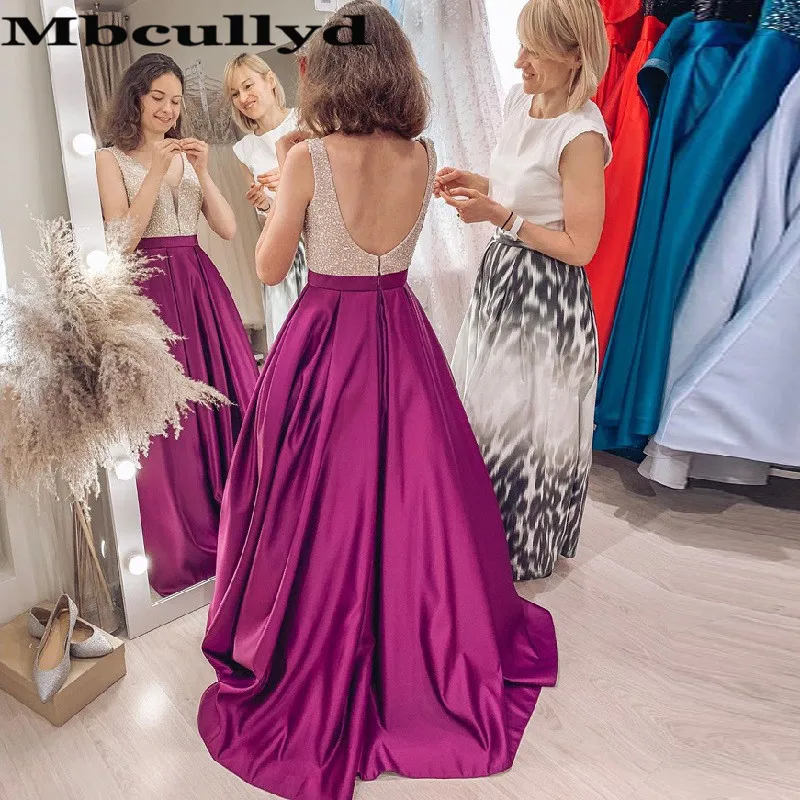 

Elegant Shining Sequined Prom Dresses Long 2023 With Pocket Backless A-line Evening Dress For Women vestidos de fiesta de noche