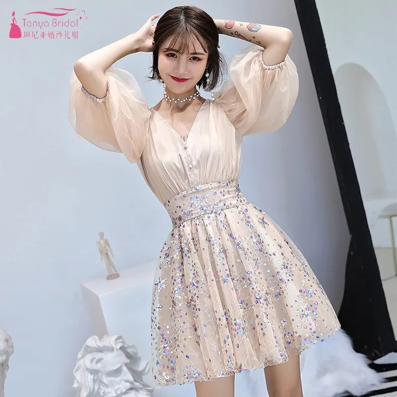 Платье с коротким рукавом V образным вырезом блестками и пышными рукавами|Платья