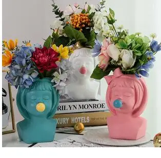 

CREATIVE NORDIC RESIN HUMAN HEAD VASE GIRL BUBBLE GUM MODERN HOME DECORATIVE ORNAMENTS CRAFTS FLOWER VASE FLOWER ARRANGEMENT