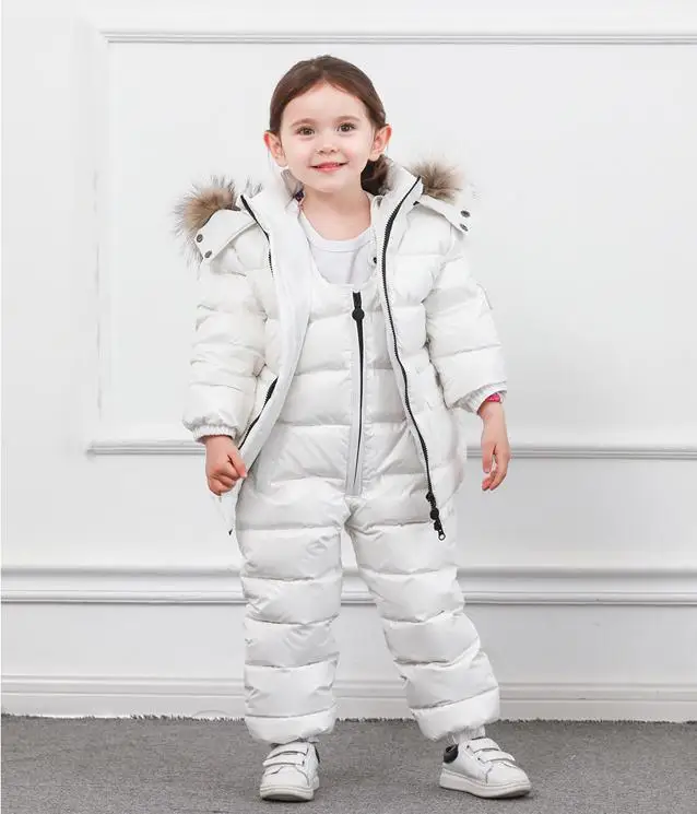 white 30 ℃ детская верхняя одежда зимняя куртка для девочек и мальчиков, белый пуховик на утином пуху+ штаны, костюм Modis, Толстая теплая куртка, водонепроницаемая, Y2010 - Цвет: white