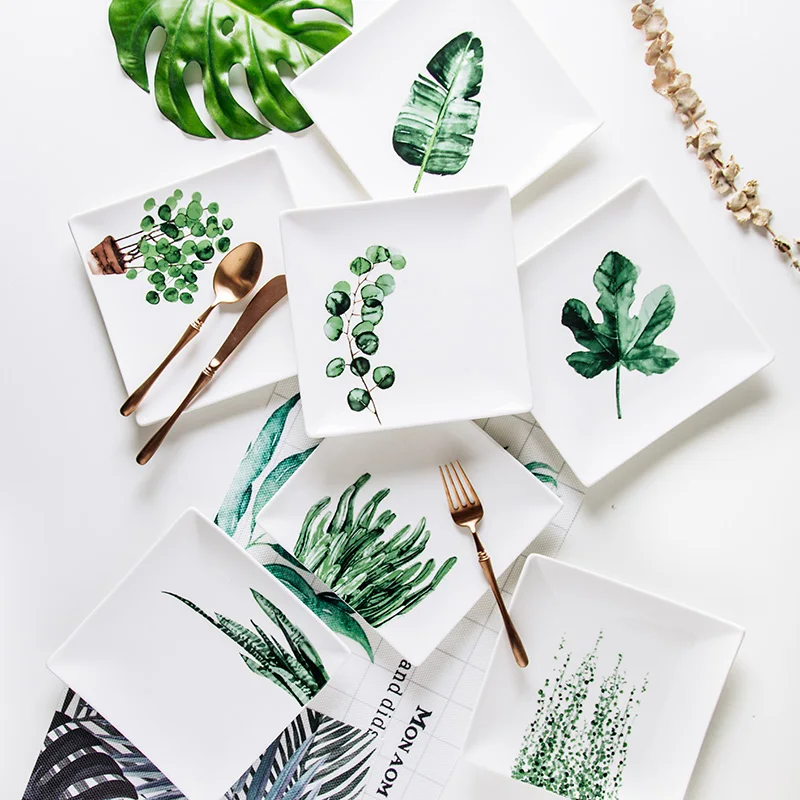 

Plant Ceramic Tableware Square Flat Plate Steak Fruit Dessert Plate Home Green Leaf Breakfast Plate Saucer Tea Tray