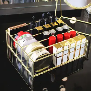 

Cosmetic Storage Box Glass Transparent Lip Gloss Eye Liner Vanity Cabinet Makeup Organizer With Removable Dividers 4 Spaces