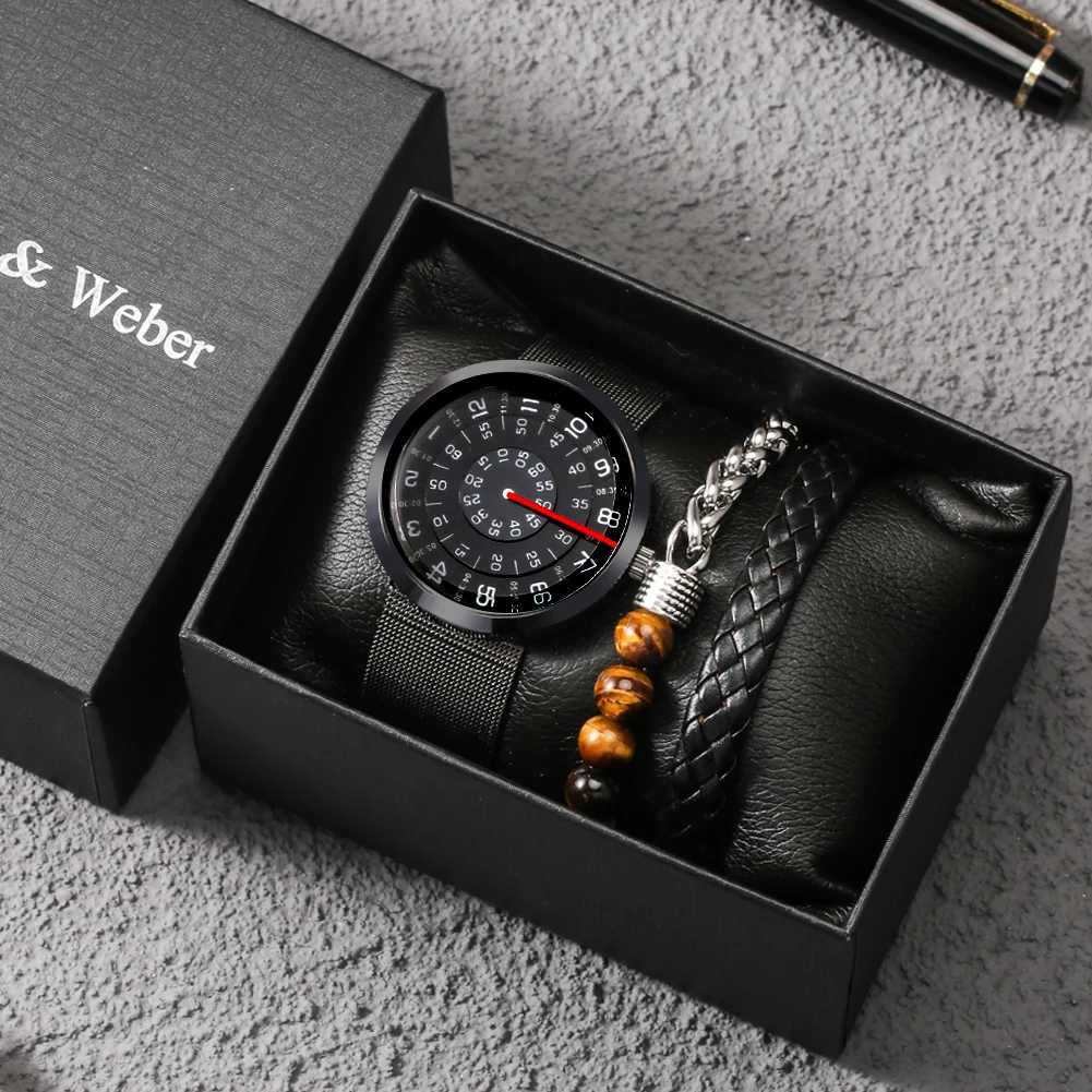 Classic Black Watch Bracelet Gift Set Men's Quartz Special Dial Watches Bracelets Exquisite Gifts with Box for Father Boyfriend