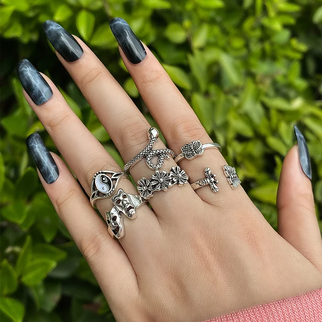 6Pcs Vintage Gothic Butterfly Angle Flower Multi Element Ring Set For Women Men Retro Personality Finger Ring Gifts LY54869