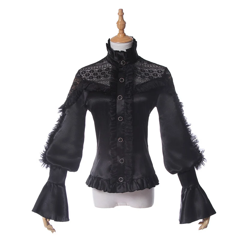 Черная кружевная и атласная лоскутная блузка с оборками воротником-стойкой