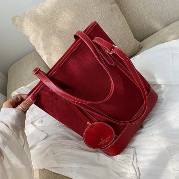 

Woman 2019 Fashion Pendant Shoulder Bag Designer High Quality Suede Leather Handbag Korean Style Solid Color Luxury Bucket Bags