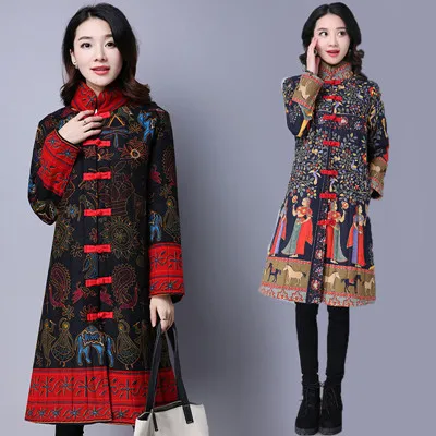 

Ethnic-Style Cotton-padded Clothes Women's Mid-length Winter Retro Heat Transfer Floral Patterns Frog Cotton Linen Cotton Coat W