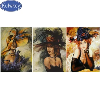 

Triptych Cross Stitch Diamond Painting Hat Women Full Square/Surrounded Diamond Embroidery Puzzle 5d Mosaic Kit Portrait Gift,