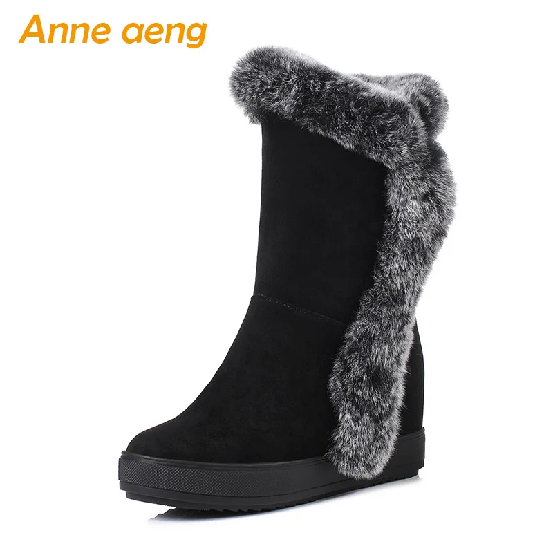 

2019 New Winter Women Snow Boots Wedge Hidden Heel Round Toe Zipper Rabbit Fur Casual Women Platform Shoes Black Ankle Boots