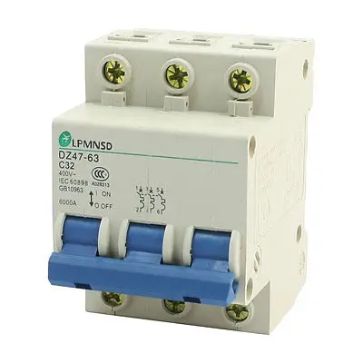 

35mm DIN Rail Mounted Three Pole Mini Circuit Breaker AC400V 32A 6000A