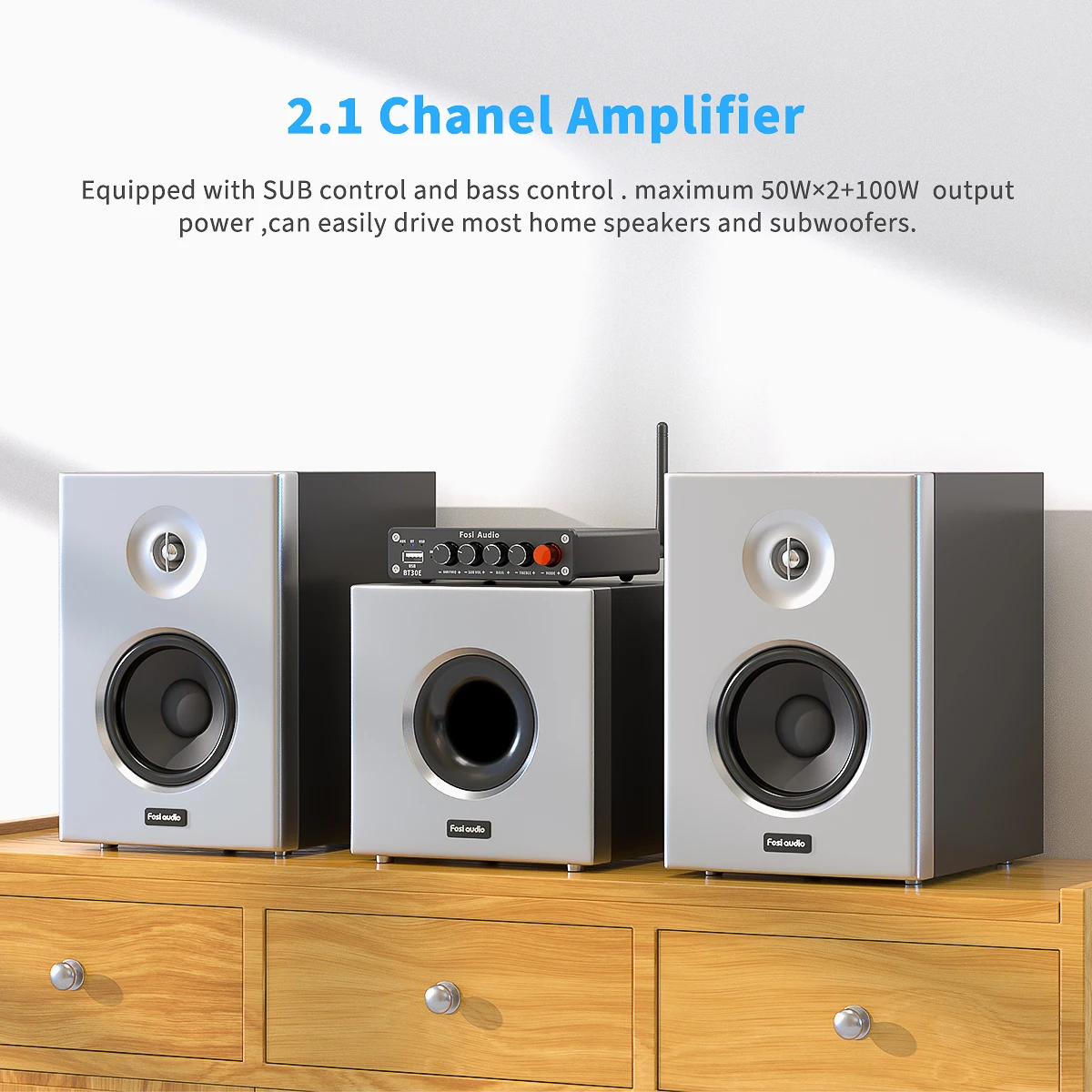 Bluetooth 5.0 Sound Power Amplifier 2.1 Channel Integrated Amp & U-Disk Player Home Audio Subwoofer 100W BT30E Fosi Audio Professional Amplifier